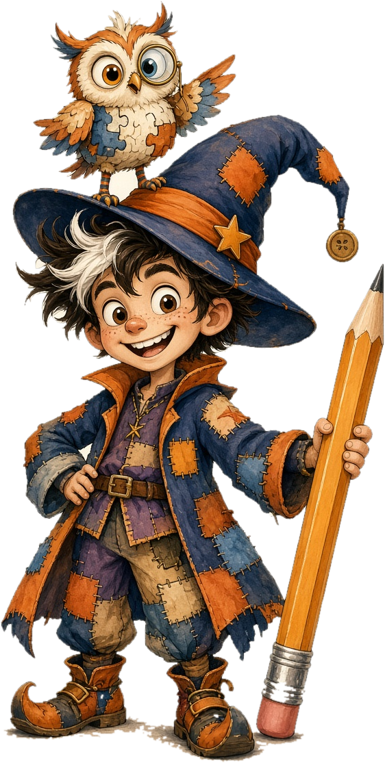 Walter the Wacky Wonders Wizard holding his Wonder Pencil, with Professor Feathersnoot the owl on his hat
